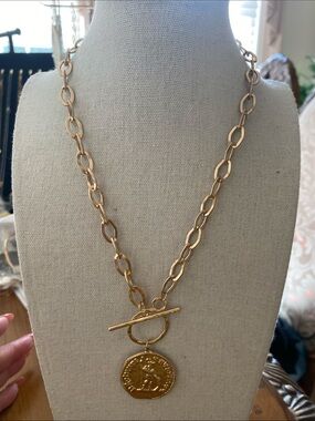 Gold Link Chain Necklace with Toggle and Coin Pendant - Women Jewelry